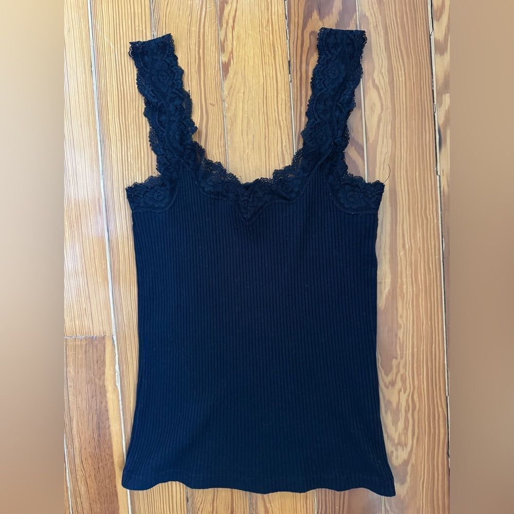 J. Crew Black Lace-Trim Ribbed Tank Top